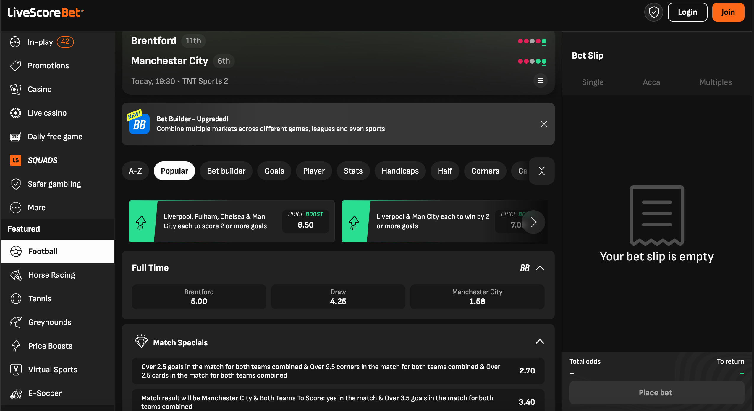 Livescore Bet event page for a Brentford vs Manchester City match, showing price boosts prominently and main markets further down the page